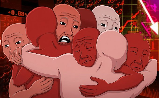The image features a graphic of six cartoon characters huddled together for support, surrounded by stock market data that is either red or gray (possibly representing negative numbers). The characters are depicted as different shades of red, with one character having a darker shade than the others. Above this group of characters, there's an economic chart indicating Bitcoin value at $58,000.
