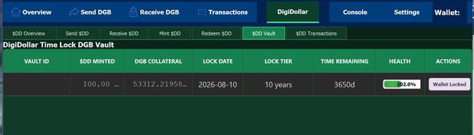 A screenshot of the DigiDollar DGB Vault dashboard showing a wallet locked with 100.00 $DD minted, 53312.21958 DGB collateral, set to unlock on 2026-08-10 after a 10-year tier with 3650 days remaining.