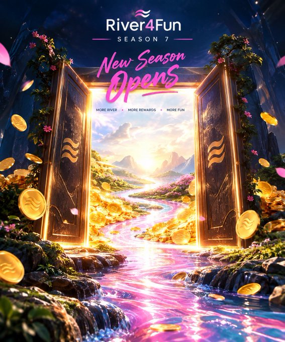A promotional graphic for 'River4Fun SEASON 7 New Season Opens' with the tagline 'MORE RIVER, MORE REWARDS, MORE FUN,' showing golden doors opening to a fantasy river landscape with gold coins.