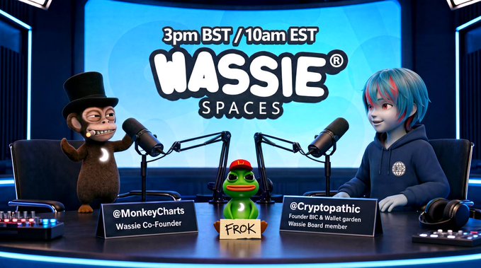 A promotional graphic for a "WASSIE SPACES" live event scheduled for Monday at 3pm BST / 10am EST, featuring a cartoon monkey in a top hat labeled "@MonkeyCharts, Wassie Co-Founder" alongside a character identified as "@Cryptopathic, Founder BIC & Wallet garden, Wassie Board member," with a green Pepe-style "FROK" mascot in the center—all seated at a podcast desk with microphones, matching the post announcing the live discussion about Wassie, Wallet Garden, and markets.