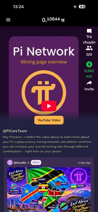 A mobile app screenshot of the Pi Network showing a balance of 0.10844 π, a 'Mining page overview' YouTube video from @PiCoreTeam, and sidebar stats including zero chuyền, 0.002 π/h, and an Invite section with posts about East Africa.
