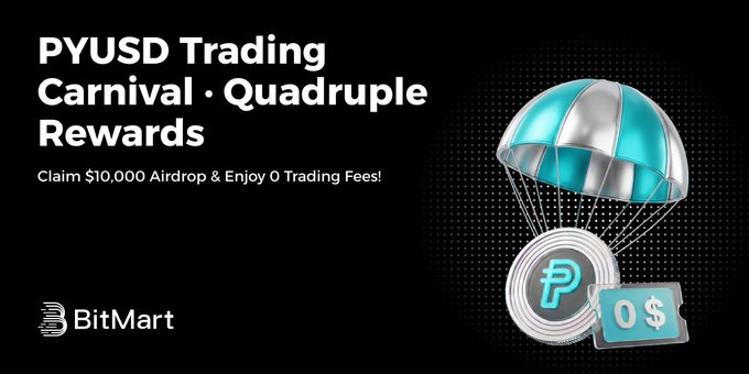 BitMart's "PYUSD Trading Carnival · Quadruple Rewards" promotional graphic featuring a teal and silver parachute delivering a PYUSD coin alongside a "0$" zero-fee tag, advertising a $10,000 airdrop and zero trading fees for new users participating in the PYUSD trading event.