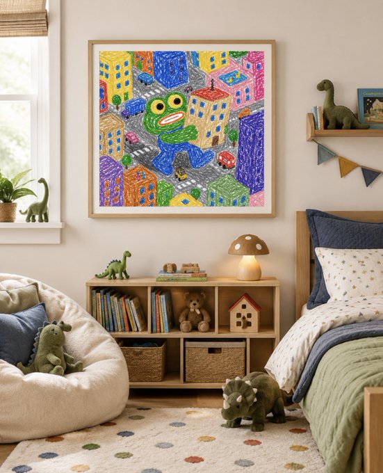A cozy child's bedroom featuring a framed crayon-style drawing of a green monster in a colorful city hanging above a wooden bookshelf filled with toys and books.