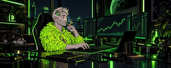 A vibrant illustration shows a character with spiky white hair wearing a green patterned jacket, sitting at a multi-monitor computer setup displaying green stock charts, with a cat resting nearby.