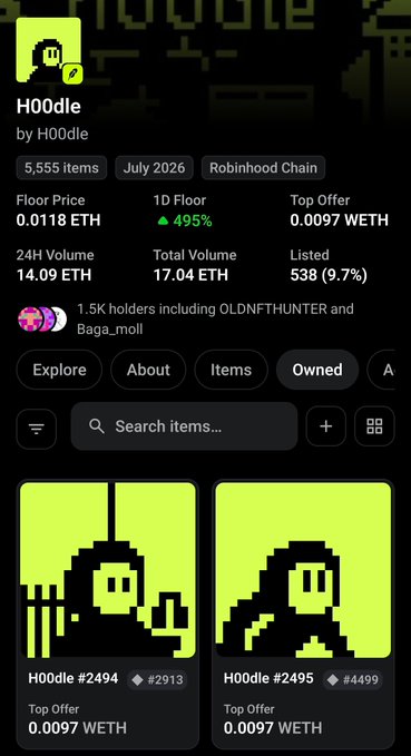 A "gm" greeting accompanied by a screenshot of the HO0dle NFT collection on Robinhood Chain, showing 5,555 items with a floor price of 0.0118 ETH and 1.5K holders including OLDNFTBUNTER and Baqa_moll, displaying two pixelated green ghost character NFTs (#2494 and #2495) each with top offers of 0.0097 WETH.