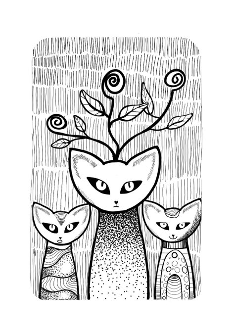 A black and white line art illustration of three stylized cats with surreal spiral plant/antenna-like structures growing from their heads, with intricate patterning on their fur.