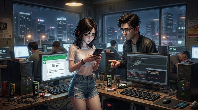 Digital illustration depicting two people in a tech office or internet café setting at night, with one looking at a smartphone showing '200 BTC' while the other points at code on a monitor.