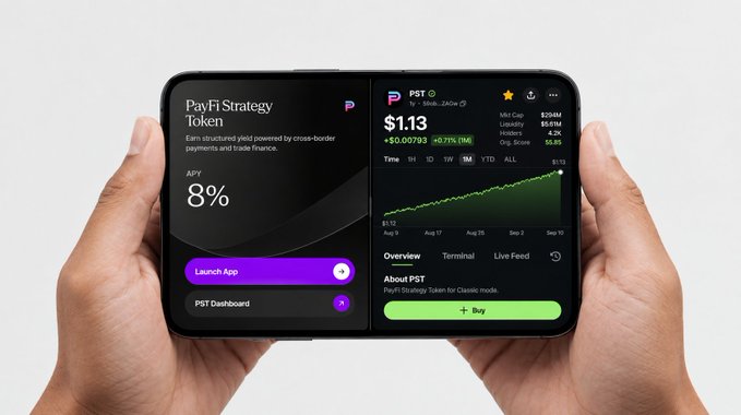 Two hands hold an unfolded dual-screen smartphone displaying a 'PayFi Strategy Token' (PST) dashboard with a price of $1.13 and an APY of 8%.