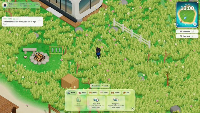 A screenshot from a farming simulation game showing a character named 'Rosie' with quests 'A Young Farmer's Training' and 'Lily Wood' visible, along with in-game UI elements and item listings for pods.
