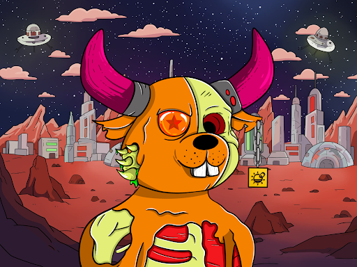 A cartoon illustration of a zombie-like dog character with pink horns, a star-shaped eye, and exposed ribs, standing on a red alien planet with futuristic cities, spaceships, and UFOs in the background.