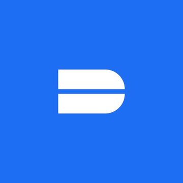 A minimalist logo featuring a white stylized 'D' with a horizontal line across the center is displayed on a solid blue background.