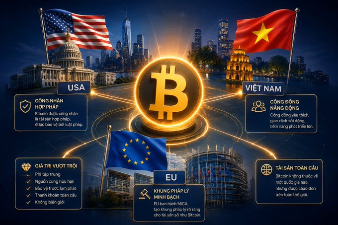 Infographic about Bitcoin in Vietnamese comparing legal frameworks in the USA, EU, and Vietnam, with sections on institutional acceptance, community consensus, MiCA regulations, and global assets.