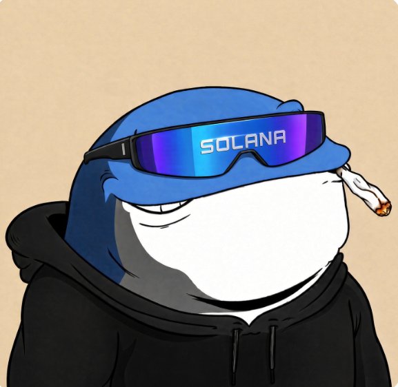 A cartoon illustration of a chubby blue shark character wearing a black hoodie and purple sunglasses with 'SOLANA' written on them, with a cigar in its mouth.
