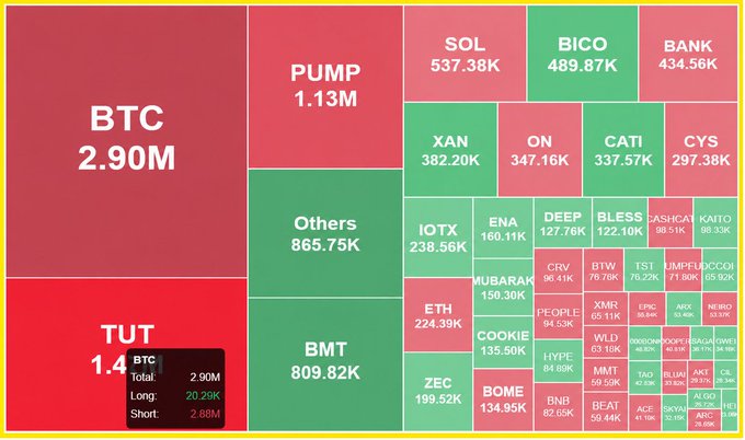 A cryptocurrency market heatmap showing various tokens; BTC and TUT are the largest red blocks indicating losses, while PUMP, Others, and BMT are large green blocks.