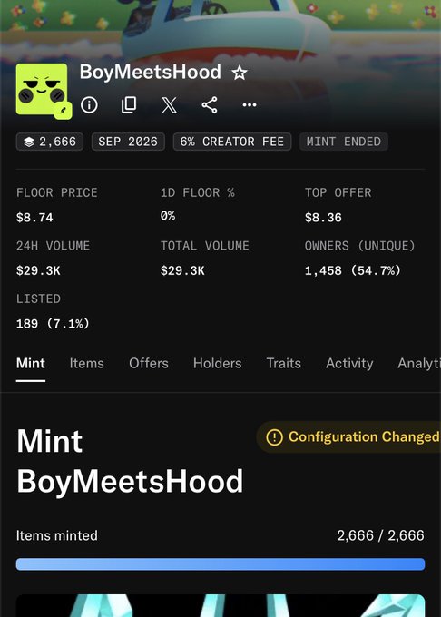 A mobile screenshot displays the NFT collection "BoyMeetsHood," which has fully minted all 2,666 items with a 6% creator fee, a floor price of $8.74, and 1,458 unique owners (54.7%). The post celebrates the mint being completed despite not being perfect, giving a shoutout to the project and a collaborator.