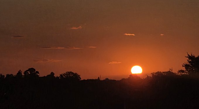 A glowing orange sun rises above a dark silhouetted treeline against a hazy amber sky, with no visible text or numbers in the image. The sunrise imagery visually echoes the post's uplifting theme of new beginnings and the transition into August for the $XRP community.