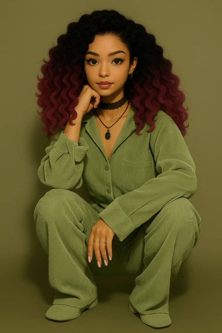 A woman with voluminous black and burgundy curly hair poses in a matching green corduroy pajama-style outfit, accessorized with a black choker and pendant necklace against an olive green background.