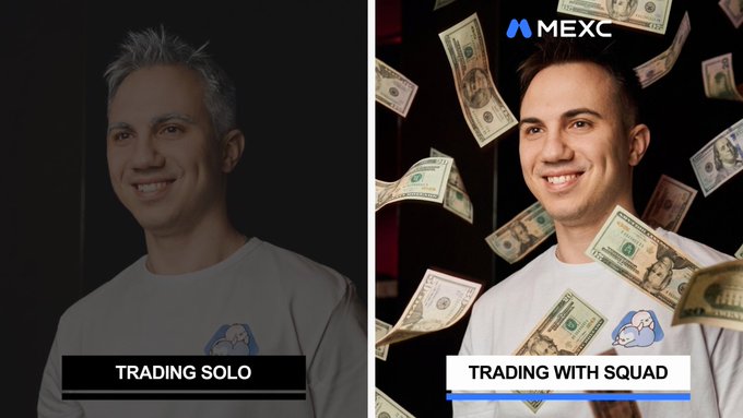 A split-screen advertisement for MEXC shows a man on the left labeled 'TRADING SOLO' and the same man smiling on the right labeled 'TRADING WITH SQUAD' as US dollar bills rain down around him.