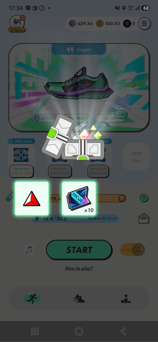A screenshot from a mobile game app showing a 'Jogger' sneaker item with stats including 14,537 power and a green 'START' button at the bottom.