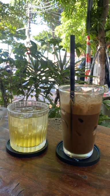 Two iced beverages on a wooden table at an outdoor café: a glass of light-colored tea/juice on the left and an iced coffee with a black straw on the right, surrounded by lush green plants.