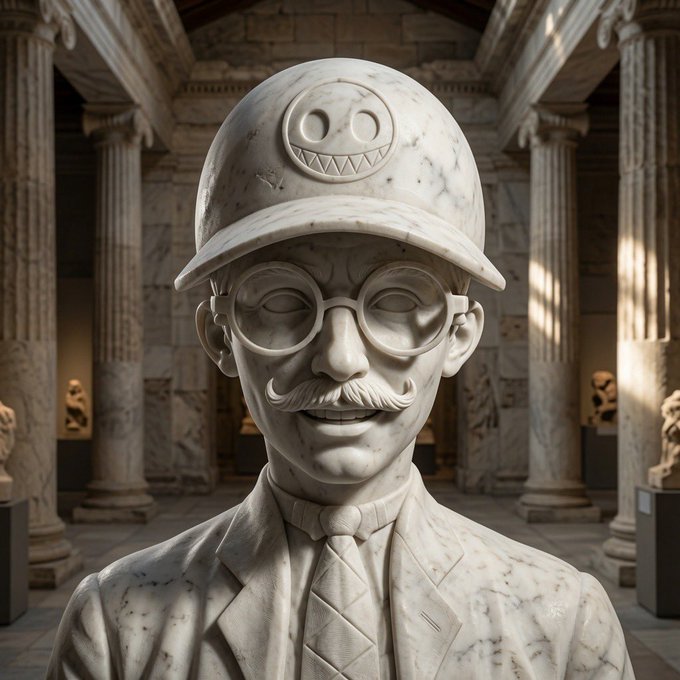 A marble statue of a man with a mustache and glasses wearing a cap with a smiley face logo, set in a classical museum hall.
