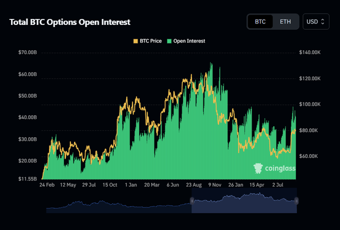 A Coinglass chart titled 'Total BTC Options Open Interest' displaying BTC Price (orange line) and Open Interest (green area) from approximately February 2024 through July, with values ranging from $11.55B to $70.00B on the left axis and $60.00K to $140.00K on the right axis.