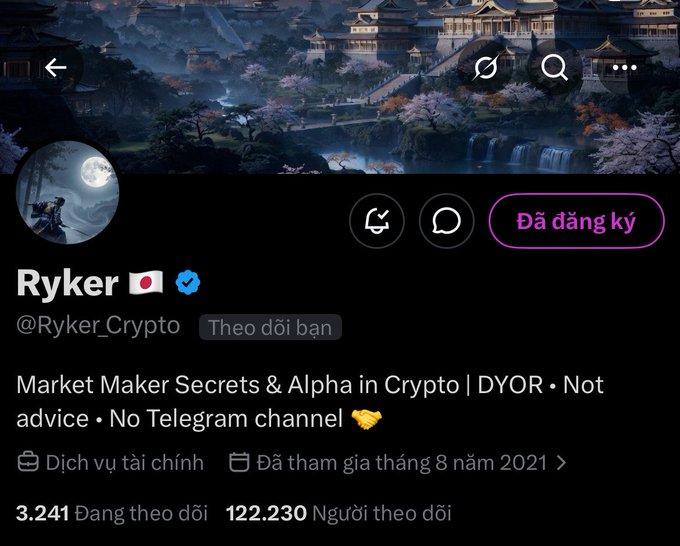 A screenshot of the X (Twitter) profile of Ryker (@Ryker_Crypto), a verified user with 122,230 followers whose bio reads "Market Maker Secrets & Alpha in Crypto | DYOR • Not advice • No Telegram channel 🤝." The header image shows a traditional East Asian palace scene with cherry blossoms, fitting the accompanying post's message about how most crypto influencers give away fish (token calls) rather than teaching the fishing rod (trading knowledge)—which the post notes @Ryker_Crypto exemplifies by not openly sharing token or trade signals.