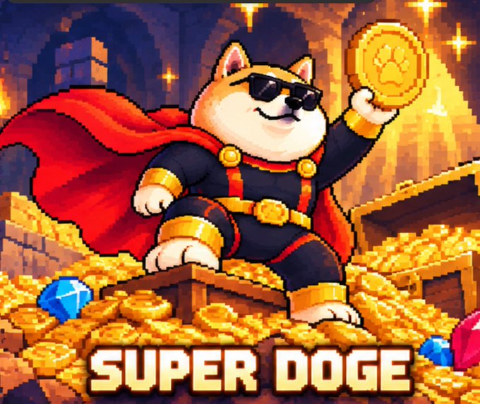 A pixel-art Shiba Inu dressed as a superhero in sunglasses and a red cape sits atop a massive pile of gold coins and gemstones, triumphantly holding up a gold coin emblazoned with a paw print. The bold "SUPER DOGE" title at the bottom reinforces the meme coin's branding, perfectly matching the post's hype about the imminent $superdoge launch and its promise of a "gold mine" for early supporters who drop their $SOL address.