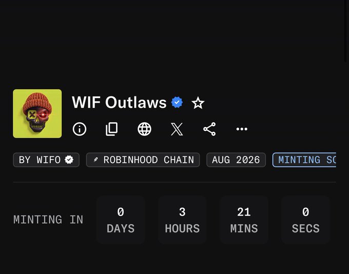 Screenshot of a crypto/NFT minting page for 'WIF Outlaws' on Robinhood Chain with a countdown timer showing 0 days, 3 hours, 21 mins, 0 secs until minting.
