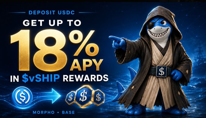 An advertisement offering up to 18% APY in $vSHIP rewards for depositing USDC on the vSHIP platform (Morpho, Base), featuring a cartoon shark in a Jedi-style robe.