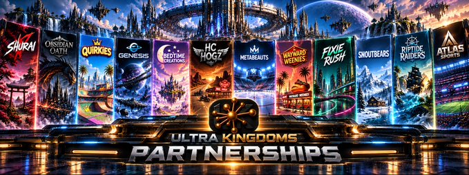 A promotional banner displays 'ULTRA KINGDOMS PARTNERSHIPS' beneath a sci-fi landscape, featuring multiple game posters including Shuriken, Obsidian Oath, Quirkies, Genesis, Bedtime Reading, HC HOGZ, Metabaults, Wayward Wedges, Pixie Rush, Snoutbeats, Riptide Raiders, and Atlas Sports.