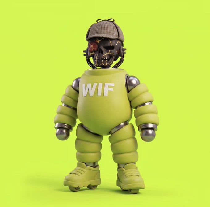 A 3D rendered character features a robotic body in lime green with 'WIF' on the chest and a skull head wearing a detective hat, set against a bright green background.
