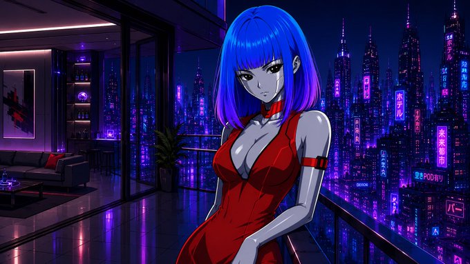 The image features an anime-style character with blue hair in a red dress standing on a balcony overlooking a vibrant, neon-lit cyberpunk cityscape with Japanese signage. The futuristic aesthetic complements the post's message about having your story told "forever," evoking themes of digital permanence and cyberpunk storytelling.