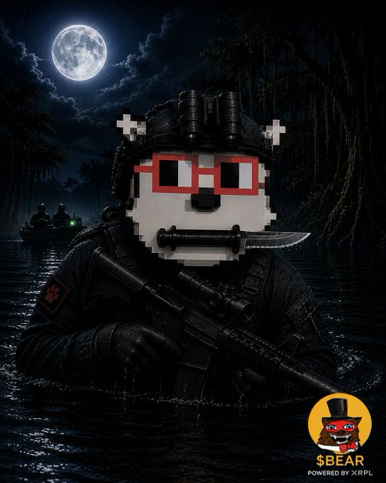 A stylized digital artwork featuring a pixelated bear character with red glasses and a knife in its mouth, wearing tactical military gear in a dark swamp setting under a full moon, branded with '$BEAR POWERED BY XRPL'.
