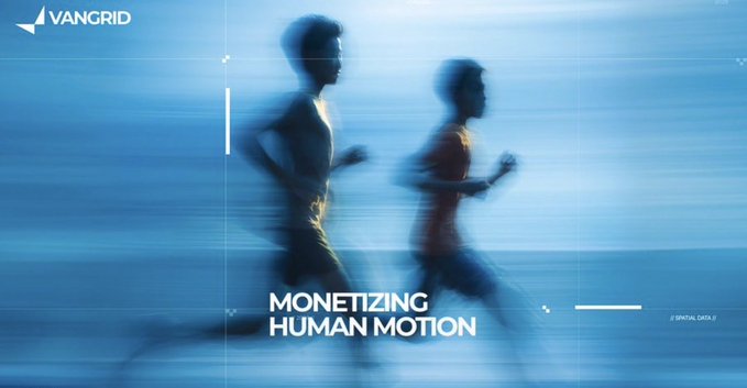 A VANGRID promotional image featuring two blurred silhouettes of runners with the text "MONETIZING HUMAN MOTION" in white capital letters.