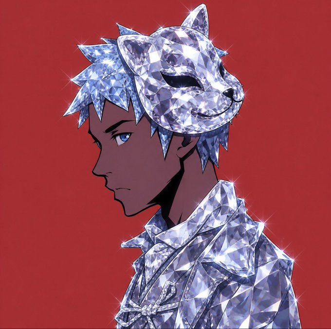Digital artwork in anime style showing a character with dark skin and blue hair composed entirely of sparkling diamonds/crystals, wearing a crystalline wolf mask and shirt against a red background.