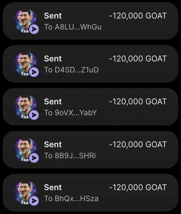 The image displays five transaction confirmations, each showing "-120,000 GOAT" sent to various truncated Solana wallet addresses (A8LU...WhGu, D4SD...Z1uD, 9oVX...YabY, 8B9J...SHRi, BhQx...HSza). This visual evidence supports the accompanying post's claim of distributing 120,000 $GOAT tokens to the first 555 wallets that participate in the airdrop.