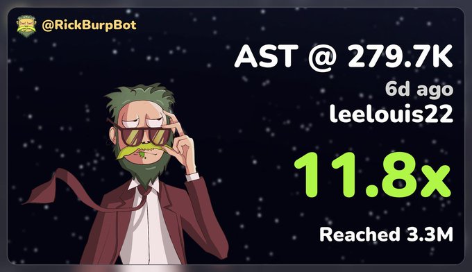 A graphic for '@RickBurpBot' features an anime-style character in a suit with a mustache and beard, next to text showing a token performance of '11.8x' and 'Reached 3.3M'.