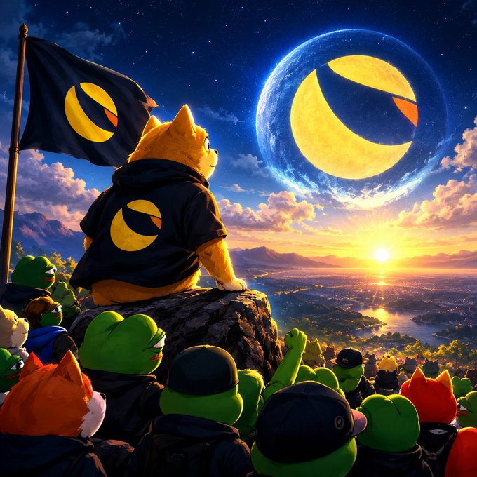 An anime-style illustration of a Shiba Inu dog wearing a black hoodie, sitting on a rocky ledge with a flag bearing the Terra Classic (LUNC) logo, looking up at a giant moon shaped like the LUNC logo, surrounded by a crowd of Pepe the Frog characters.
