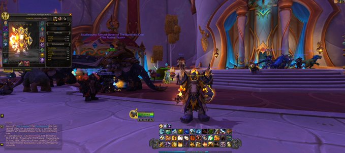 A screenshot from the video game World of Warcraft showing a character standing in a purple-lit grand hall, with a character interface panel open on the left and an action bar at the bottom.