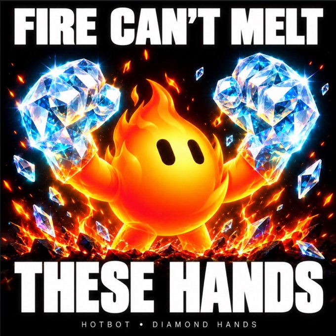 A meme graphic featuring a cartoon flame character with diamond fists, captioned 'FIRE CAN'T MELT THESE HANDS' with 'HOTBOT • DIAMOND HANDS' at the bottom.