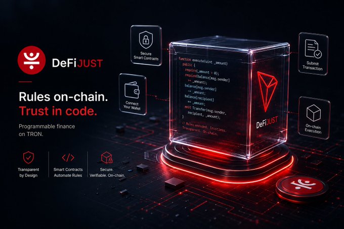 The image is a promotional graphic for "DeFiJUST" featuring a glowing translucent cube displaying Solidity-style smart contract code, surrounded by icons labeled "Secure Smart Contracts," "Submit Transaction," "Connect Your Wallet," and "On-chain Execution." It visually reinforces the post's message by illustrating how DeFi replaces institutional intermediaries with transparent, programmable code on platforms like TRON, embodying the tagline "Rules on-chain. Trust in code."