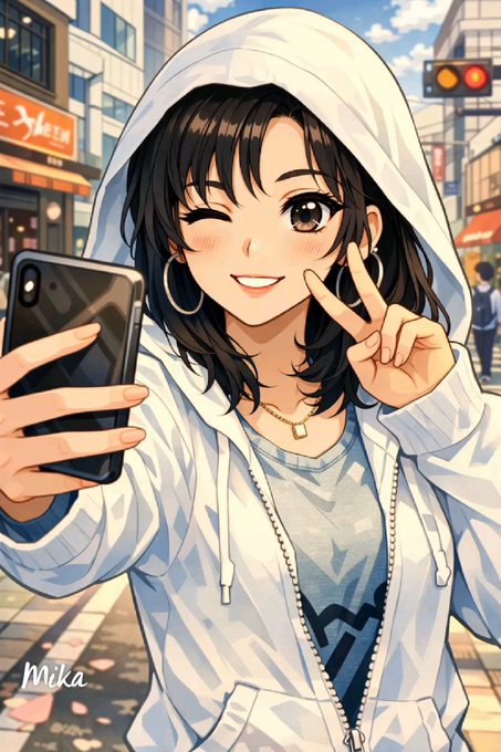 An anime-style illustration of a smiling girl in a white hoodie taking a selfie and making a peace sign on a city street, signed 'Mika'.