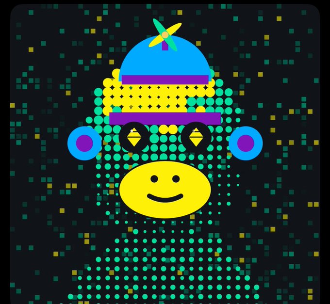 A colorful pixel-art style digital illustration of a monkey-like character wearing a blue and purple striped beanie hat, with a bright yellow smiling face on a dark dotted background.