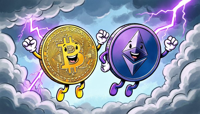 An animated cartoon illustration shows a personified Bitcoin (gold coin with "₿" symbol) and Ethereum (purple coin with diamond logo) with smiling faces and raised fists, set against a stormy sky with dark clouds and purple lightning bolts, symbolizing the volatile market conditions and uncertainty surrounding BTC and ETH's price movements.