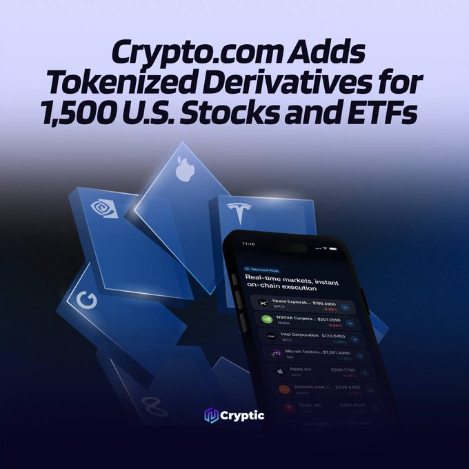 The image promotes Crypto.com's launch of tokenized derivatives for 1,500 U.S. stocks and ETFs, featuring 3D blue blocks displaying the Apple, NVIDIA, and Tesla logos alongside a smartphone showing the Cryptic trading app with real-time market data for these stocks.