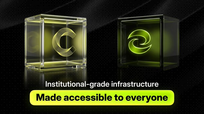 The image shows two glowing cubes—one yellow displaying "C" and one green displaying an "e" logo—alongside the text "Institutional-grade infrastructure Made accessible to everyone," visually reinforcing the post's message about Canton's blockchain infrastructure being adopted by major institutions like Goldman Sachs, BNP Paribas, DTCC, Euroclear, and Deutsche Börse.