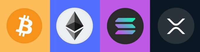 The image displays the logos of four cryptocurrencies—Bitcoin ($BTC), Ethereum ($ETH), Solana ($SOL), and XRP ($XRP)—arranged side by side, visually representing the assets that received significant spot ETF inflows as highlighted in the accompanying data.