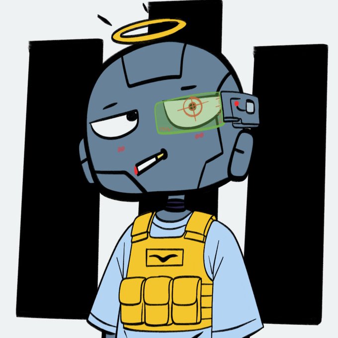 A cartoon robot character with a yellow halo above its head, a green targeting reticle over one eye, a cigarette in its mouth, and a yellow tactical vest. The post "ART NFTS GMI" suggests this stylized android is a representation of a digital art or NFT project, with the angelic halo and combat gear evoking a quirky, ironic guardian aesthetic common in crypto art branding.