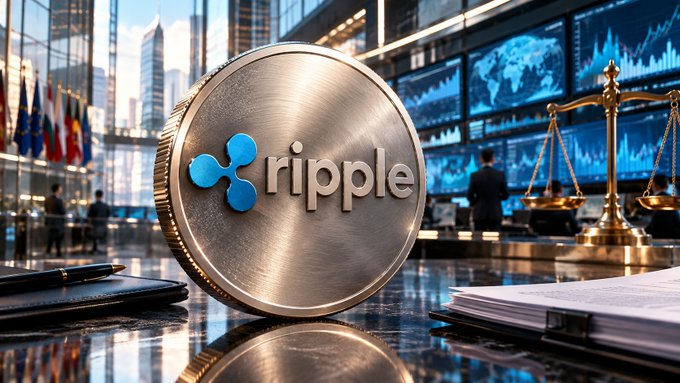 A large gold Ripple (XRP) coin sits prominently on a desk in a financial setting, with global flags, trading screens, and a golden scale of justice visible in the background.